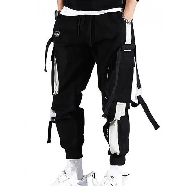 men's cargo pants Streetwear Embroidery Color Block Cotton jogging pants Trousers With Multi-pockets ribbon hiphop punk joggers sweatpants sport harem pants spring Fall