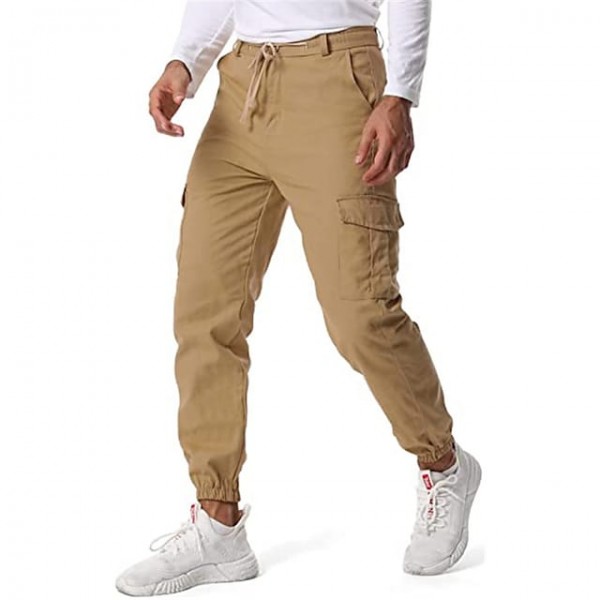 Men's Joggers Trousers Drawstring Elastic Waist Multiple Pockets Solid Color Comfort Soft Pants Casual Daily Basic Fashion Khaki / Elasticity