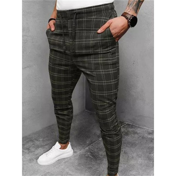 Men's Joggers Trousers Casual Pants Drawstring Elastic Waist Grid / Plaid Comfort Breathable Pants Casual Daily Cotton Blend Sports Fashion Green Micro-elastic