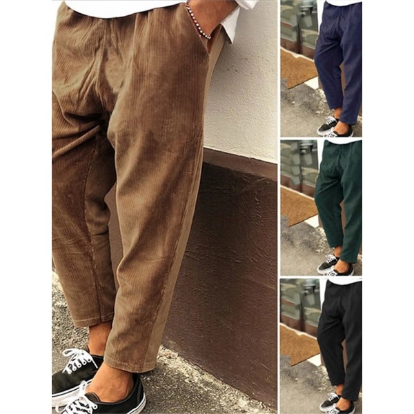 Men's Straight Trousers Winter Pants Drawstring Elastic Waist Solid Color Comfort Breathable Pants Casual Daily Corduroy Sports Fashion Loose Fit Green Black Micro-elastic / Elasticity