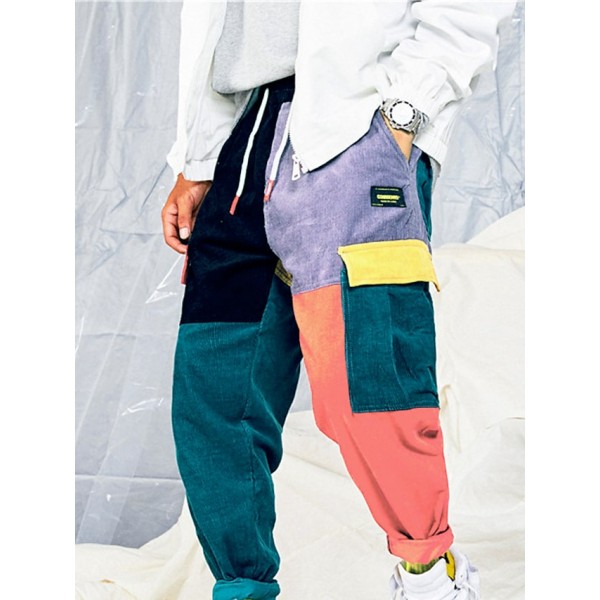 Men's Chinos Pocket Drawstring Patchwork Breathable Lightweight Full Length Pants Casual Daily Corduroy Casual Trousers Rainbow Micro-elastic