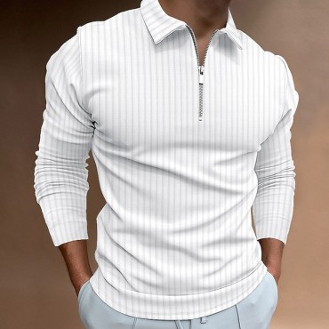 Men's Golf Shirt Solid Color Striped Turndown White Black Gray Wine Dark Green Long Sleeve Hot Stamping Going out Gym Patchwork Zipper Slim Tops Sportswear Casual