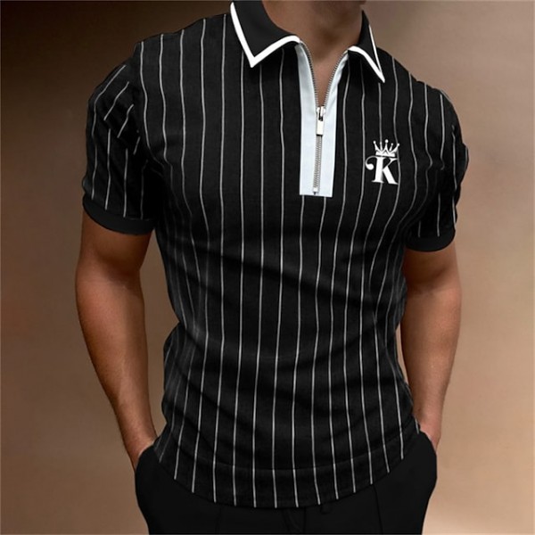 Men's Golf Shirt Striped Turndown Black / Gray Short Sleeve Street Casual Zipper Tops Fashion Casual Comfortable / Beach