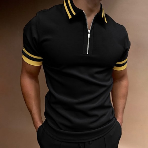 Men's Golf Shirt Vintage Turndown Black Short Sleeve Going out golf shirts Patchwork Zipper Slim Tops Sports Designer Punk & Gothic