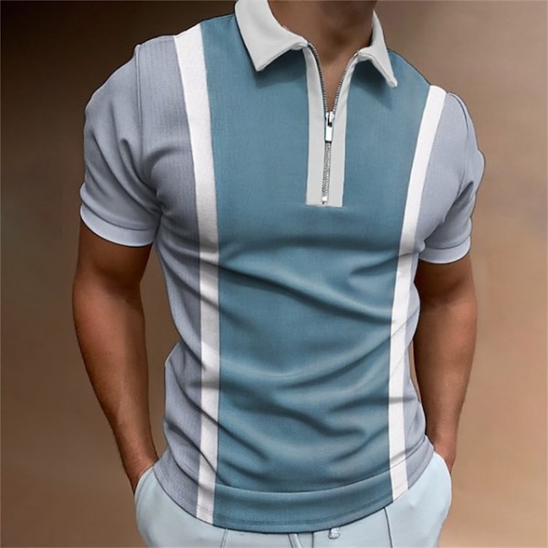 Men's Golf Shirt Color Block Turndown Blue Short Sleeve Street Daily Zipper Tops Fashion Casual Comfortable Big and Tall / Sports