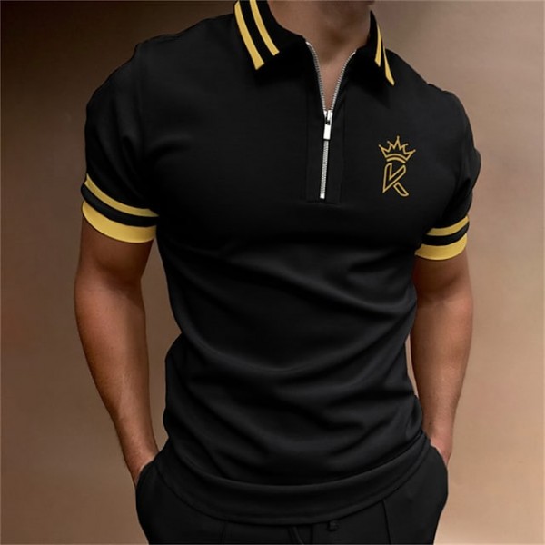 Men's Golf Shirt Letter Turndown Black Short Sleeve Street Casual Zipper Tops Fashion Casual Comfortable / Beach