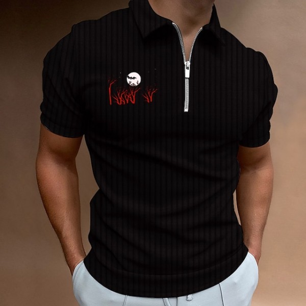 Men's Golf Shirt Graphic Moon Standing Collar Black Short Sleeve Hot Stamping Outdoor Halloween Zipper Print Tops Fashion Designer Casual Comfortable / Sports