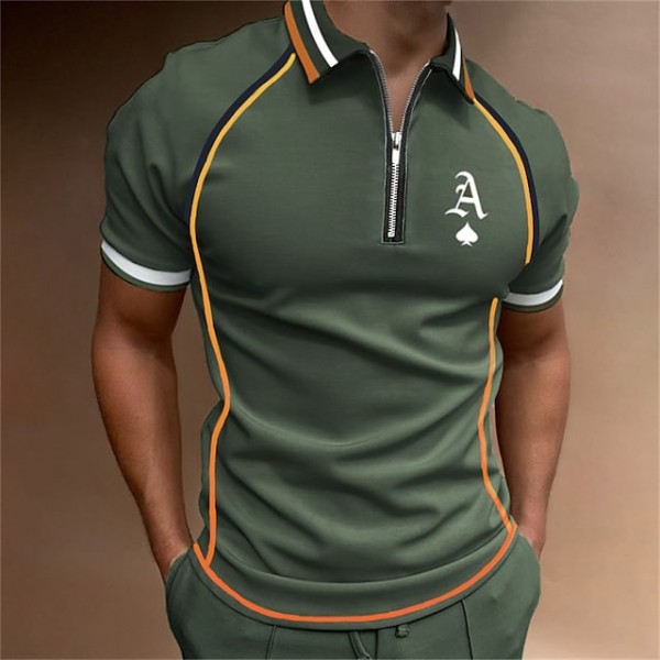 Men's Golf Shirt Letter Turndown Black Blue Gray Purple Army Green Short Sleeve Street Casual Zipper Tops Fashion Casual Comfortable / Beach