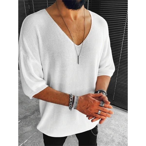 Men's T shirt Tee Solid Color V Neck White Black Brown Beige Half Sleeve Casual Daily Tops Fashion Lightweight Casual Classic