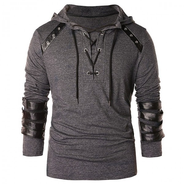 men's long sleeve hooded pullover lace up hoodie stitching leather armor sweatshirt medieval vintage rivet gothic steampunk hoodies black s