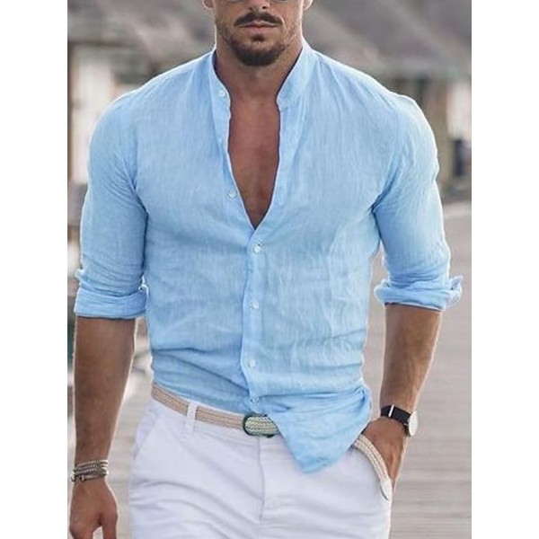 Men's Shirt Solid Color Collar Street Daily Casual Long Sleeve Tops Cotton Lightweight Casual Fashion Comfortable Breathable Blue White Black Holiday Vacation Beach Summer Shirts