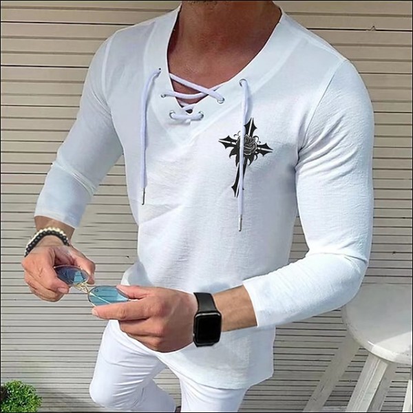 Men's Shirt Solid Color Cross V Neck White Black Blue Gray Pink 3/4-Length Sleeve Outdoor Street Drawstring Print Tops Fashion Designer Casual Breathable / Summer / Spring / Summer