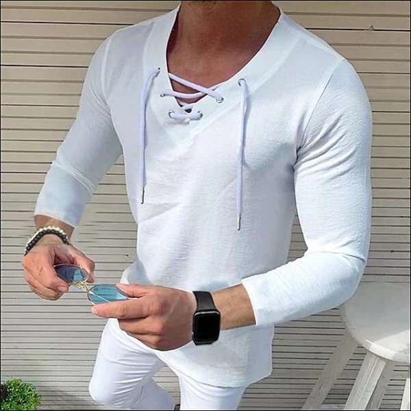 Men's Shirt Solid Color V Neck White Black Blue Gray Pink 3/4-Length Sleeve Outdoor Street Drawstring Print Tops Fashion Designer Casual Breathable / Summer / Spring / Summer