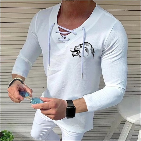 Men's Shirt Solid Color Lion V Neck White Black Blue Gray Pink 3/4-Length Sleeve Outdoor Street Drawstring Print Tops Fashion Designer Casual Breathable / Summer / Spring / Summer