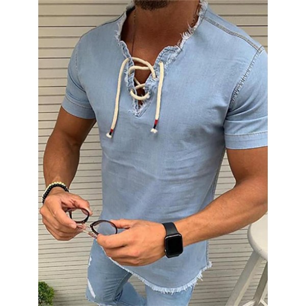 Men's Shirt Solid Colored Standing Collar Dark Gray Navy Blue Light Blue Short Sleeve Casual Daily Drawstring Tops Fashion Casual Breathable Comfortable / Long Sleeve / Hand wash / Washable