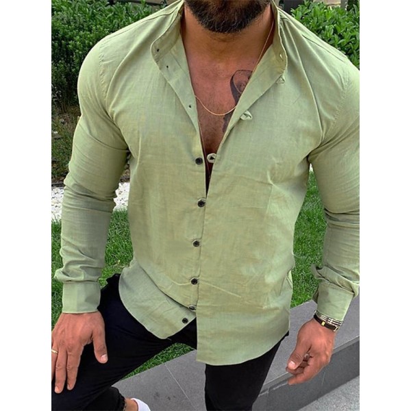 Men's Shirt Solid Color Collar Green White Black Orange Beige Long Sleeve Outdoor Street Button-Down Tops Cotton Fashion Casual Comfortable / Summer / Spring / Summer