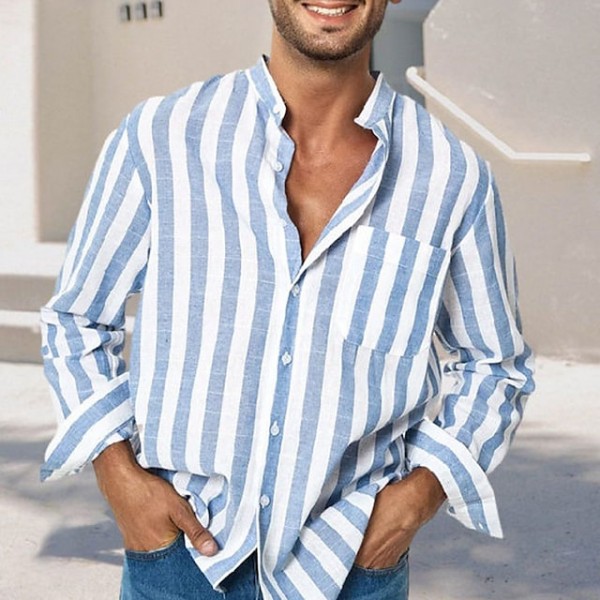 Men's Shirt Striped Stand Collar Blue / White Long Sleeve Outdoor Street Button-Down Tops Fashion Casual Breathable Comfortable / Summer / Spring / Summer