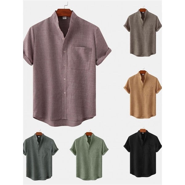 Men's Shirt Solid Color Stand Collar Street Casual Button-Down Short Sleeve Tops Casual Fashion Comfortable Black Light Green Khaki/Summer Shirts