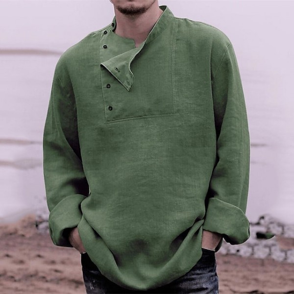 Men's Shirt Solid Color Stand Collar Green Long Sleeve Street Daily Button-Down Tops Simple Casual Comfortable