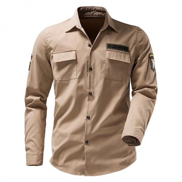 Men's Cargo Shirt Shirt Jacket Solid Color Turndown Black Army Green Khaki Navy Blue Long Sleeve Outdoor Street Button-Down Tops Cotton Comfortable Pocket Wrinkle-Free