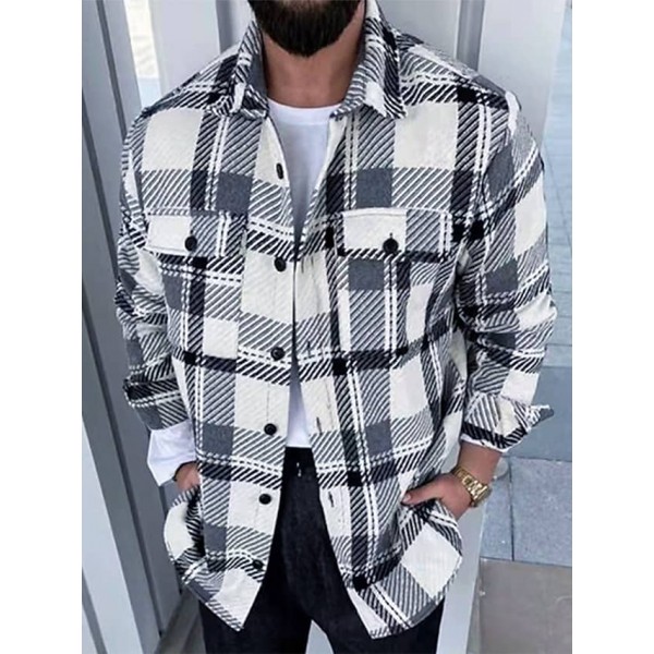 Men's Shirt Jacket Plaid / Check Turndown Black Long Sleeve Outdoor Street Pocket Tops Streetwear Sporty Casual / Fall