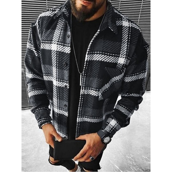 Men's Shirt Jacket Lattice Turndown Black Long Sleeve Outdoor Street Tops Fashion Casual Comfortable