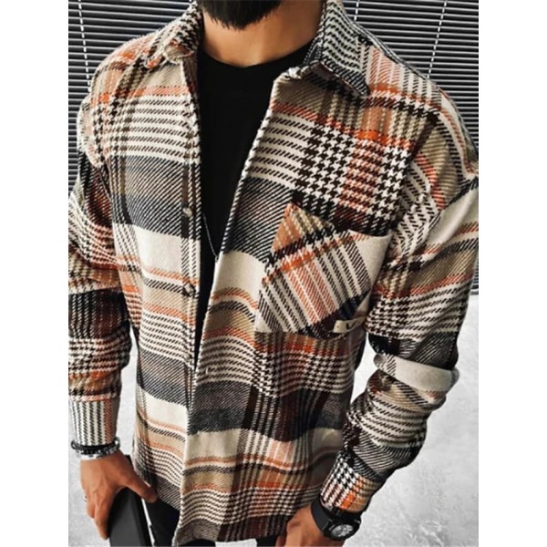 Men's Shirt Jacket Plaid / Check Turndown Khaki Long Sleeve Outdoor Street Pocket Tops Cotton Streetwear Sporty Casual / Fall