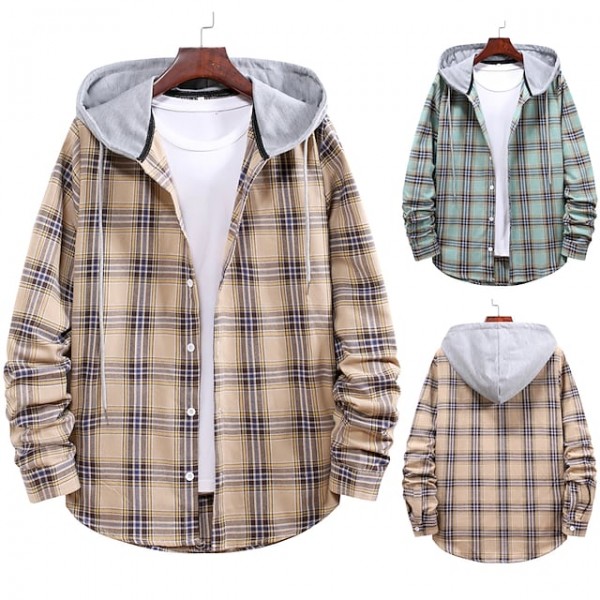 autumn   large size  loose men‘s shirt couple hooded plaid printed shirt