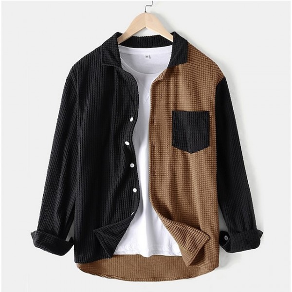 guoyuxiao corduroy shirt men patchwork jacket men's long sleeve slim fit business shirt blouses blue brown asian size m