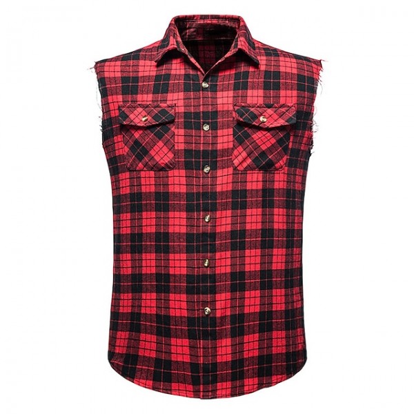 Men's Shirt Shirt Jacket Plaid Turndown Wine Black / White Black / Gray Royal Blue Red Sleeveless Outdoor Street Button-Down Tops Fashion Casual Breathable Comfortable / Summer / Summer