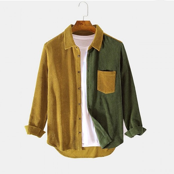 Men's Corduroy Shirt Color Block Patchwork Turndown Street Daily Button-Down Long Sleeve Tops Casual Fashion Comfortable Green Blue Coffee Winter Fall Spring Warm Pocket