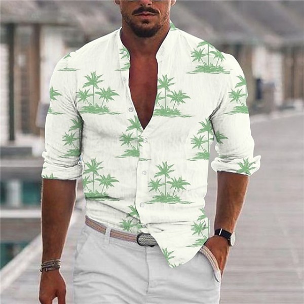 Men's Shirt Leaves Stand Collar Green Long Sleeve 3D Print Outdoor Casual Button-Down Print Tops Fashion Designer Casual Comfortable / Sports