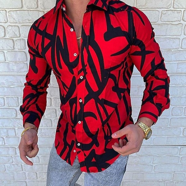 Men's Shirt Abstract Collar Red Long Sleeve Outdoor Street Button-Down Print Tops Cotton Fashion Casual Breathable Comfortable / Winter / Fall / Winter