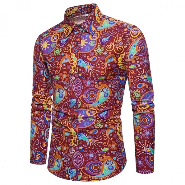 Men's Shirt Paisley Tribal Plus Size Print Long Sleeve Street Slim Tops Cotton Basic Fashion Vintage Streetwear Khaki Red Navy Blue / Club