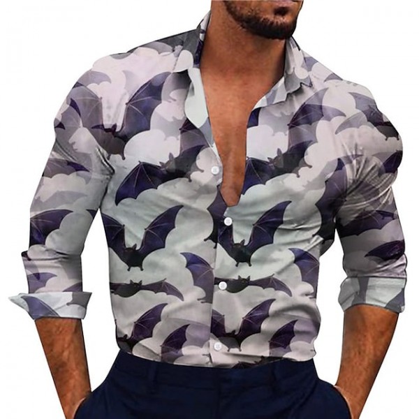 Men's Shirt Bat Turndown Purple Long Sleeve 3D Print Outdoor Halloween Button-Down Print Tops Vintage Cool Designer Casual