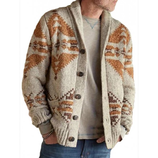 Men's Cardigan Jumper Knit Vintage Style Retro Jacquard Shirt Collar Stylish Sweaters Daily Wear Fall Winter Khaki M L XL / Long Sleeve / Long Sleeve / Geometric