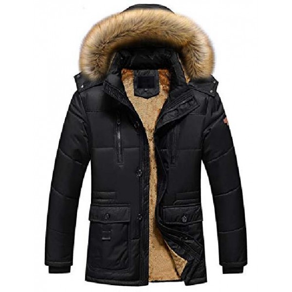 men's winter cold-proof sherpa lined down alternative parka jacket removable fur hood (large, 10-black)