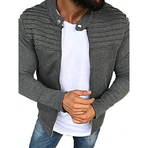 mens long sleeve striped pleated coat solid color cardigan jacket zip up outwear (grey, m)