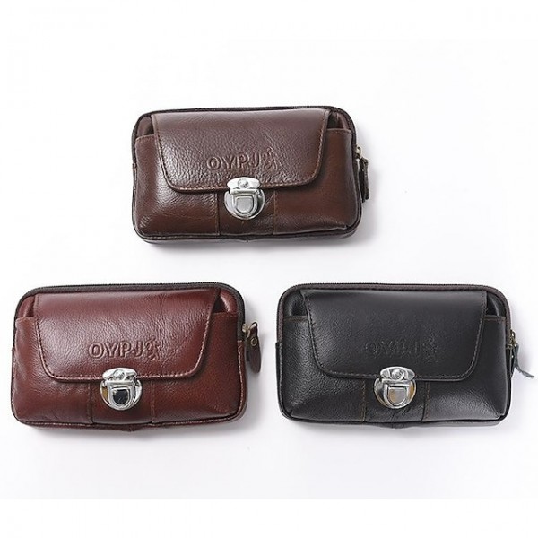 Men's Leather Bag Bum Bag Fanny Pack Mobile Phone Bag Cowhide Zipper Solid Color Daily Office & Career