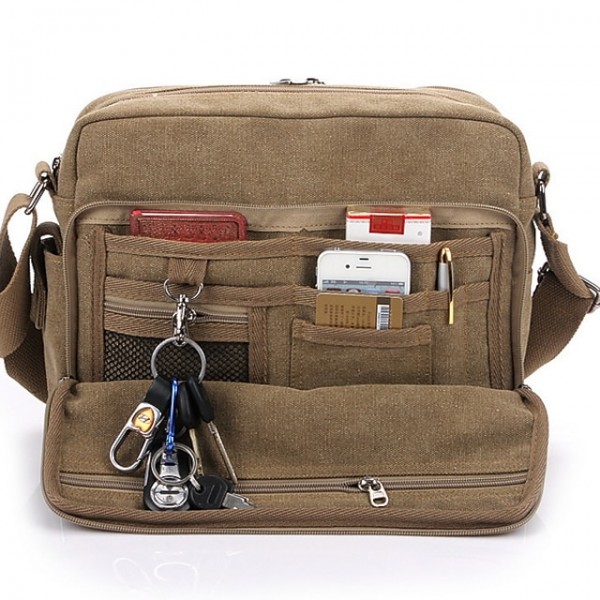 Men's Canvas Bag Messenger Bag Crossbody Bag Canvas Zipper Solid Color Daily Black Khaki Brown