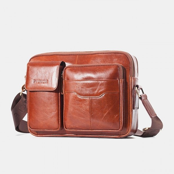 men genuine leather large capacity crossbody bag