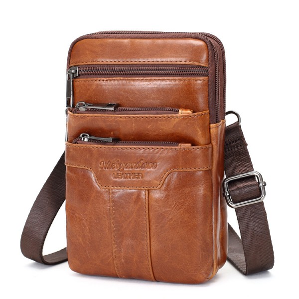 men's leather cowhide mini messenger bag crossbody bag pouch 7 inch waist bag with belt, retro phone bag