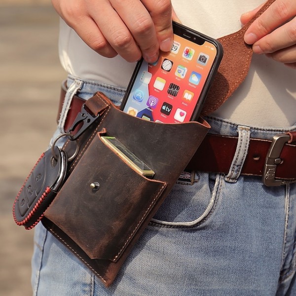 men's leather mobile phone bag cowhide belt bag pockets new wear belt leather mobile phone bag sports tactical pockets men