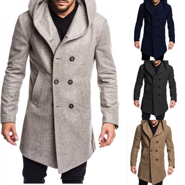 Men's 2022 winter warm British style men's hooded woolen coat coat mid-length coat